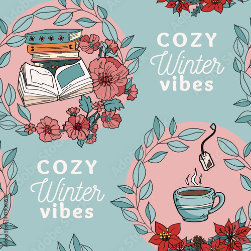Stay Cozy Winter Vibes Line Filled Illustration Seamless Repeat Patterns