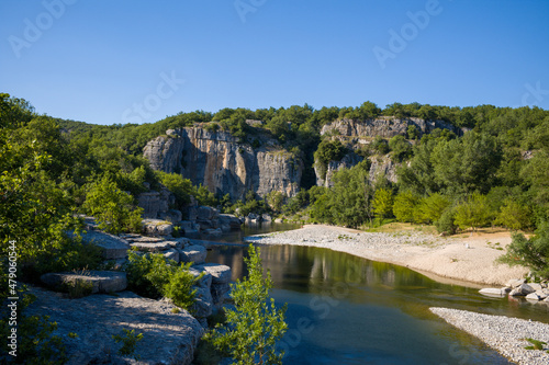 The Gorges de lArdeche in lush green vegetation in Europe, France, Ardeche, in summer, on a sunny day.