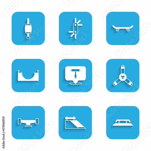 Set Skateboard T tool, park, stairs with rail, Y-tool, wheel, and Screwdriver icon. Vector