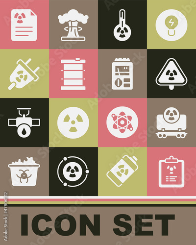 Set Radiation warning document, Radioactive cargo train, Triangle with radiation, Meteorology thermometer, waste barrel, electrical plug, and Dosimeter icon. Vector