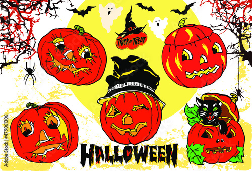Vector illustration of set of 5 Halloween pumpkins. Vintage  cartoon funny style hand drawn illustration.