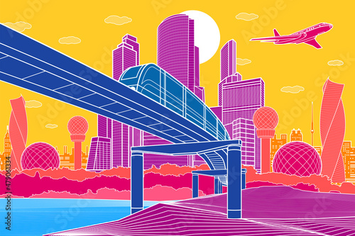 Colorful Infrastructure town illustration. Train rides on bridge. Modern city at color background, tower and skyscrapers, business building, plane is flying. Vector design art