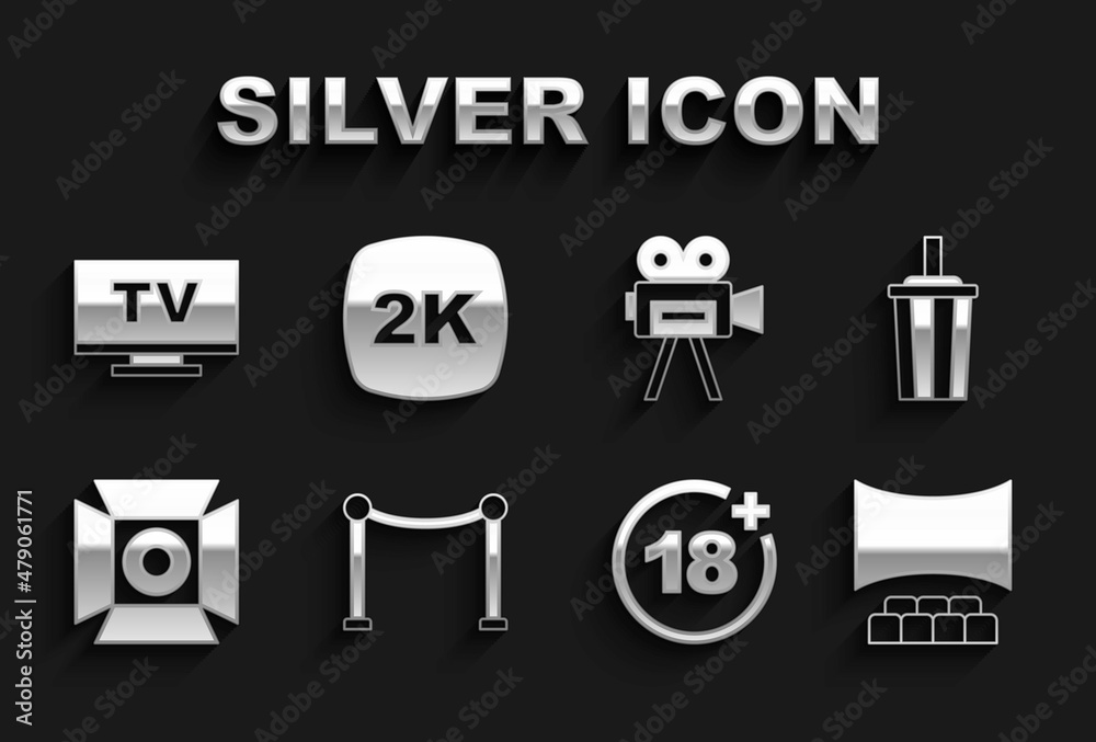 Set Rope barrier, Paper glass with water, Cinema auditorium screen, Plus 18 movie, Movie spotlight, Retro cinema camera, Smart Tv and 2k Ultra HD icon. Vector Set Rope barrier, Paper glass with water, Cinema auditorium screen, Plus 18 movie, Movie spotlight, Retro cinema camera, Smart Tv and 2k Ultra HD icon. Vector