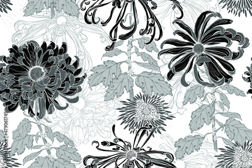 Vector seamless floral pattern of black chrysanthemums flowers with leaves, stems, minimal chrysanthemums and line flowers on white background in japanese graphic style.