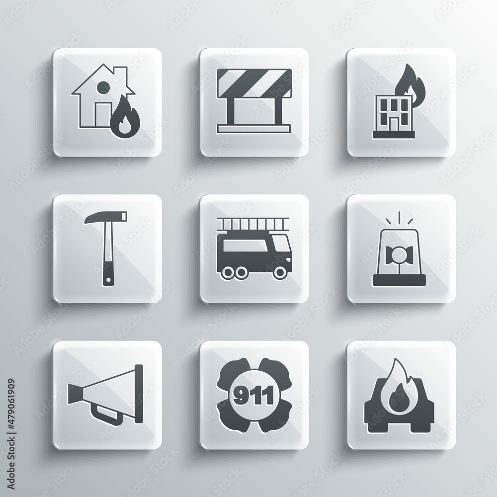 Set Emergency call 911, Burning car, Flasher siren, Fire truck, Megaphone, Firefighter axe, burning house and building icon. Vector Set Emergency call 911, Burning car, Flasher siren, Fire truck, Megaphone, Firefighter axe, burning house and building icon. Vector