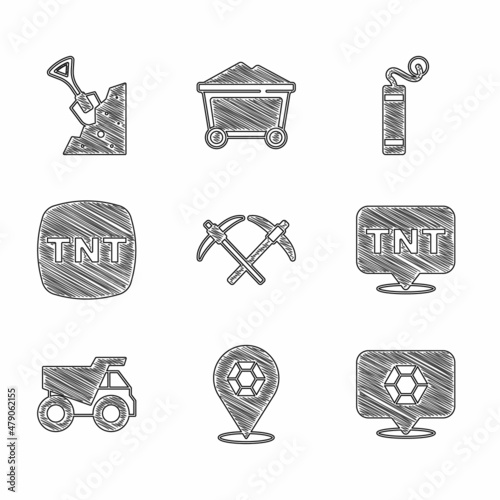 Set Pickaxe, Gem stone, Dynamite, Mining dump truck, and Shovel and icon. Vector