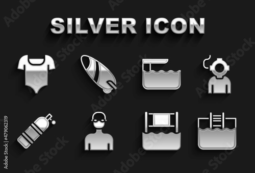 Set Swimmer, Aqualung, Swimming pool with ladder, Water volleyball net, Diving board or springboard, Swimsuit and Surfboard icon. Vector