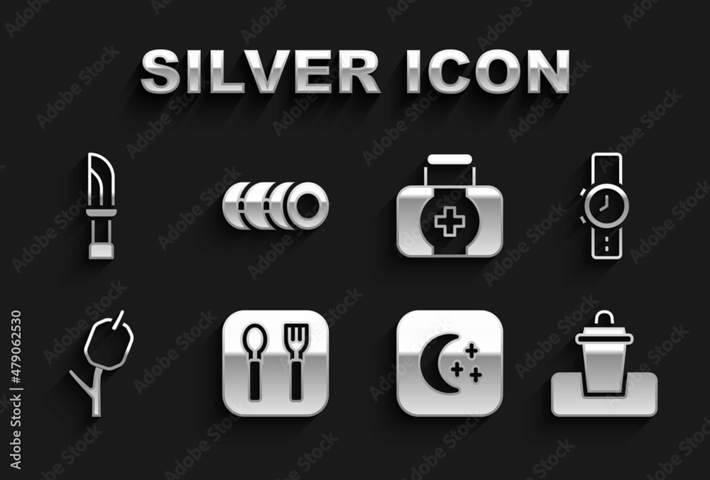 Fototapeta premium Set Fork and spoon, Wrist watch, Trash can, Moon stars, Marshmallow stick, First aid kit, Knife and Blanket roll icon. Vector