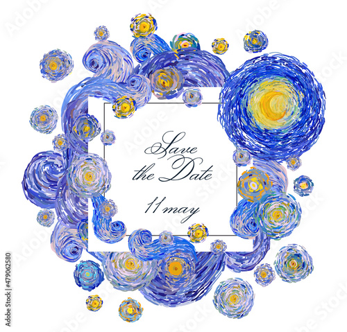 Square greeting card of glowing yellow moon on a starry sky isolated on white background. Vector illustration in the impressionist. style.