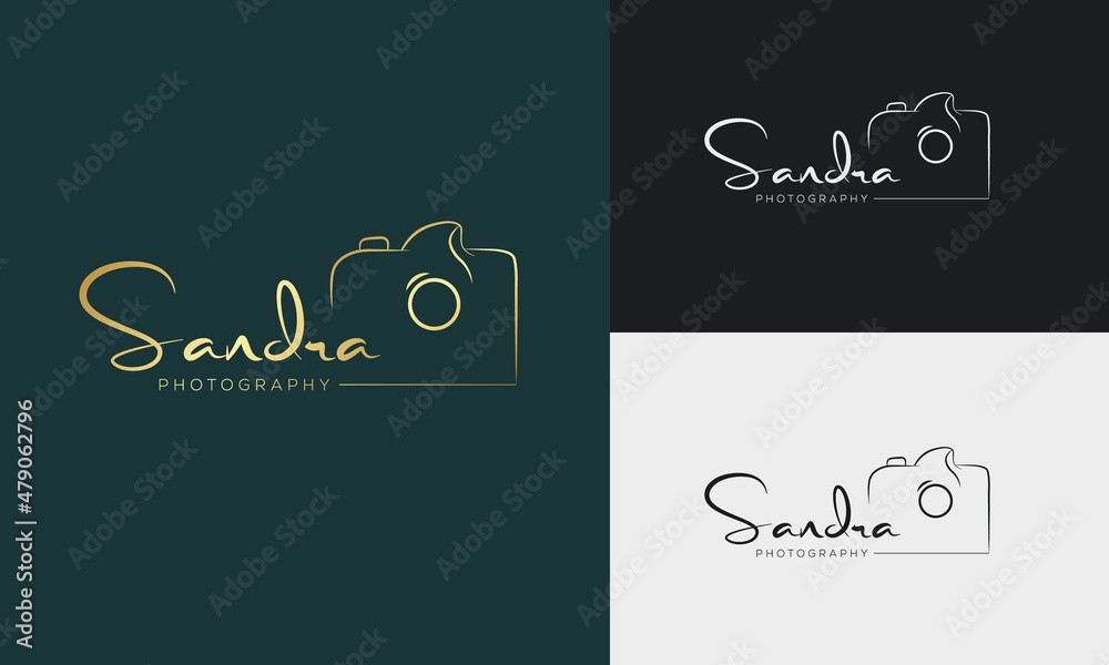 Studio Photography Handwriting logo template vector. signature logo and Camera icon concept.