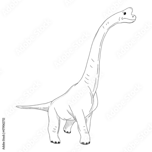 Graphic black and white dinosaur sketch. Hand-drawn dinosaurus isolated on white background, animal 
