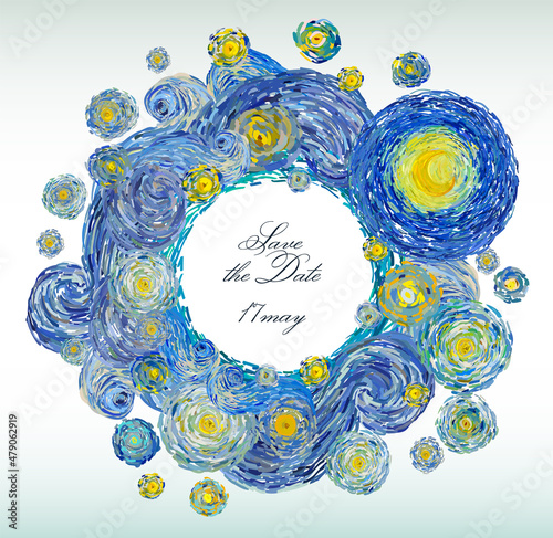 Round shape greeting card of glowing yellow moon on a starry sky with central blank space for wishes. Vector illustration in the impressionist. style.