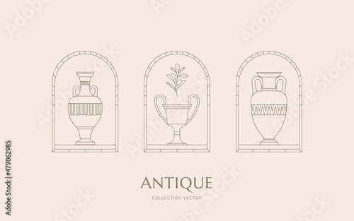 Collection of vector logos with Greek vases, modern logotypes, symbols. Hand drawn vector illustration, line drawing