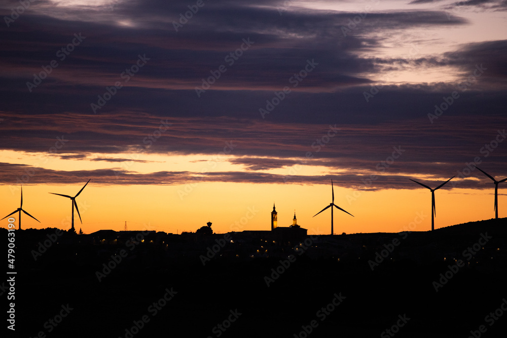 Wind turbines for electric power production, Zaragoza Province, Aragon in Spain.