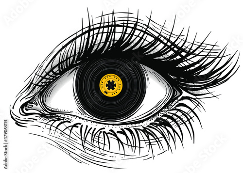 Concept vector illustration of realistic human eye with audio cassette tape iris.