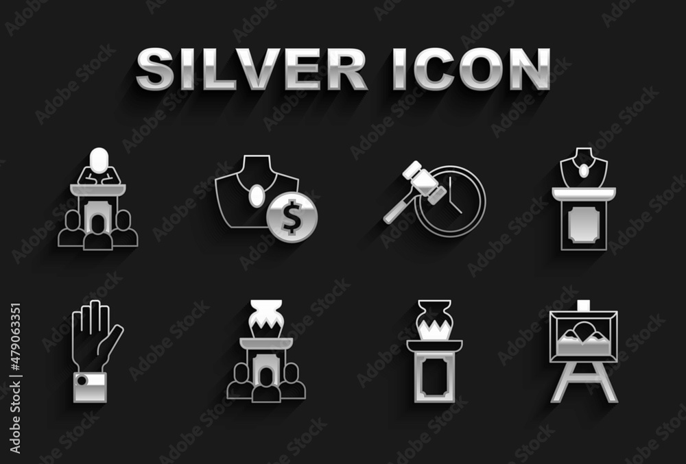 Set Auction ancient vase, jewelry sale, painting, Hand holding auction, hammer, auctioneer sells and icon. Vector Set Auction ancient vase, jewelry sale, painting, Hand holding auction, hammer, auctioneer sells and icon. Vector