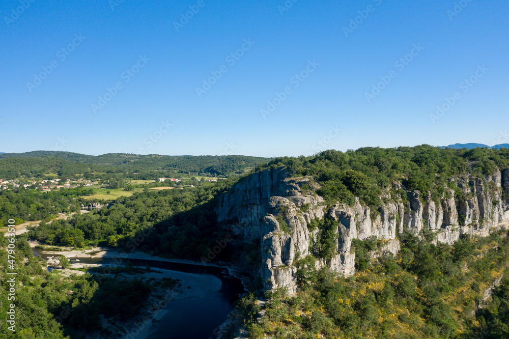 The rocky and steep cliffs above the Gorges de lArdeche in Europe, France, Ardeche, in summer, on a sunny day.