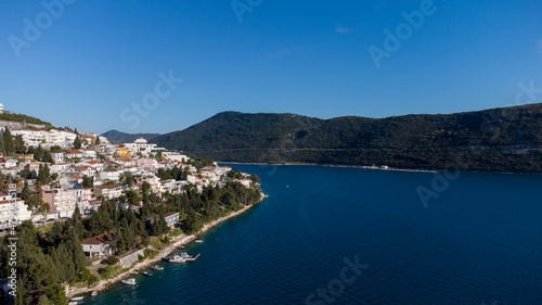 Aerial drone view of city of Neum in Bosnia and Herzegovina. Adriatic sea and coast. Tourist summer season.