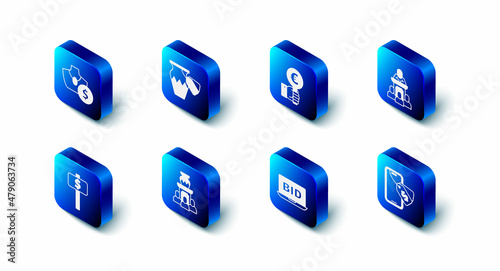 Set Auction ancient vase, Hand holding auction paddle, auctioneer sells, Online, and jewelry sale icon. Vector