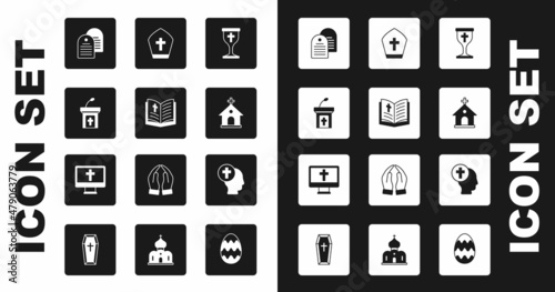 Set Christian chalice, Holy bible book, Church sermon tribune, building, Pope hat, Priest and cross monitor icon. Vector
