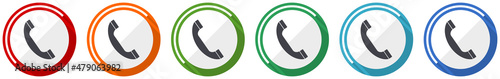 Phone icon set, flat design vector illustration in 6 colors options for webdesign and mobile applications