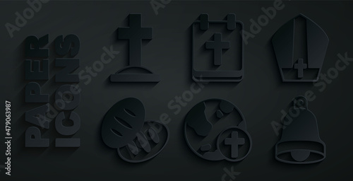 Set Christian cross with globe, Pope hat, bread, Church bell, Calendar Easter and Grave icon. Vector