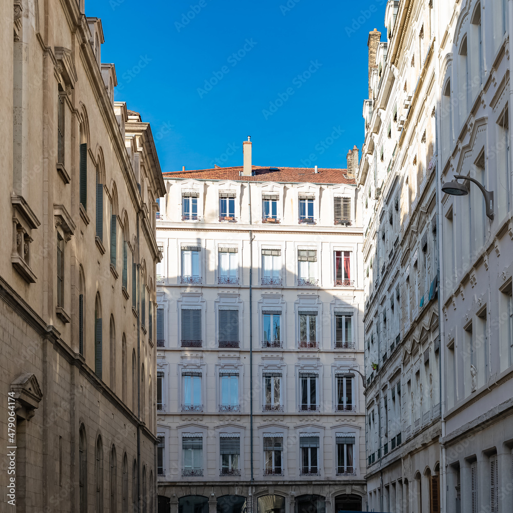 Lyon, typical street in the center, with beautiful buildings
