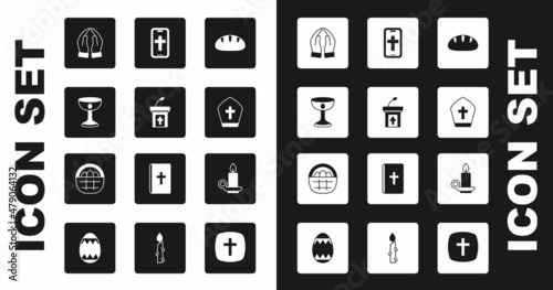 Set Christian bread, Church sermon tribune, chalice, Hands in praying position, Pope hat, cross phone, Burning candle candlestick and Basket with easter eggs icon. Vector