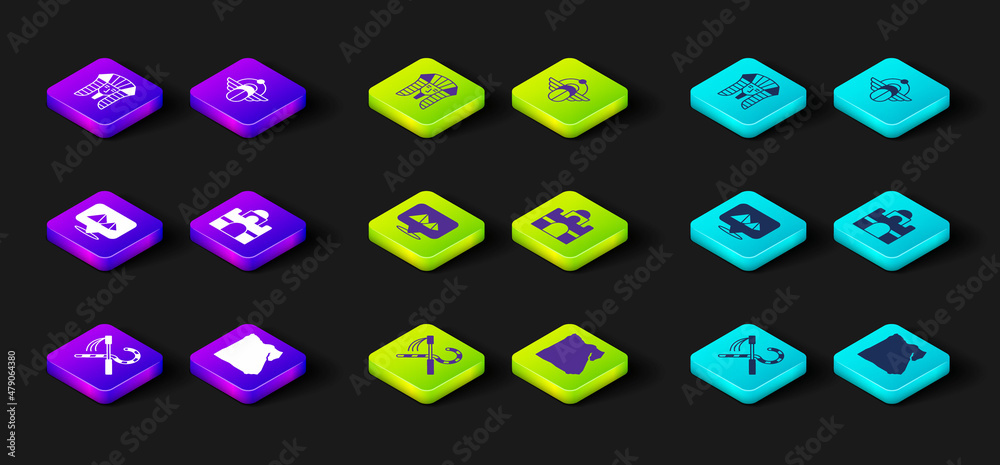 Set Crook and flail, Map of Egypt, pyramids, Egyptian house, Scarab and pharaoh icon. Vector Set Crook and flail, Map of Egypt, pyramids, Egyptian house, Scarab and pharaoh icon. Vector