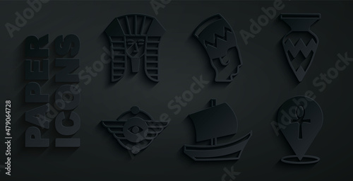 Set Egyptian ship, vase, symbol Winged sun, Cross ankh, Nefertiti and pharaoh icon. Vector