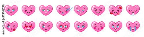 Pixel art heart emogy collection. Vintage 8 bit pixel pink emoticons. Vector romantic smile face emotions - kiss, love, amaze, cry, smiling, concern, wink, flirt, drooling, exhaling, nerd, tears,   photo