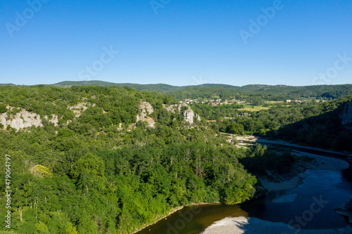 The Gorges de lArdeche and its river in the middle of forests in Europe  France  Ardeche  in summer  on a sunny day.