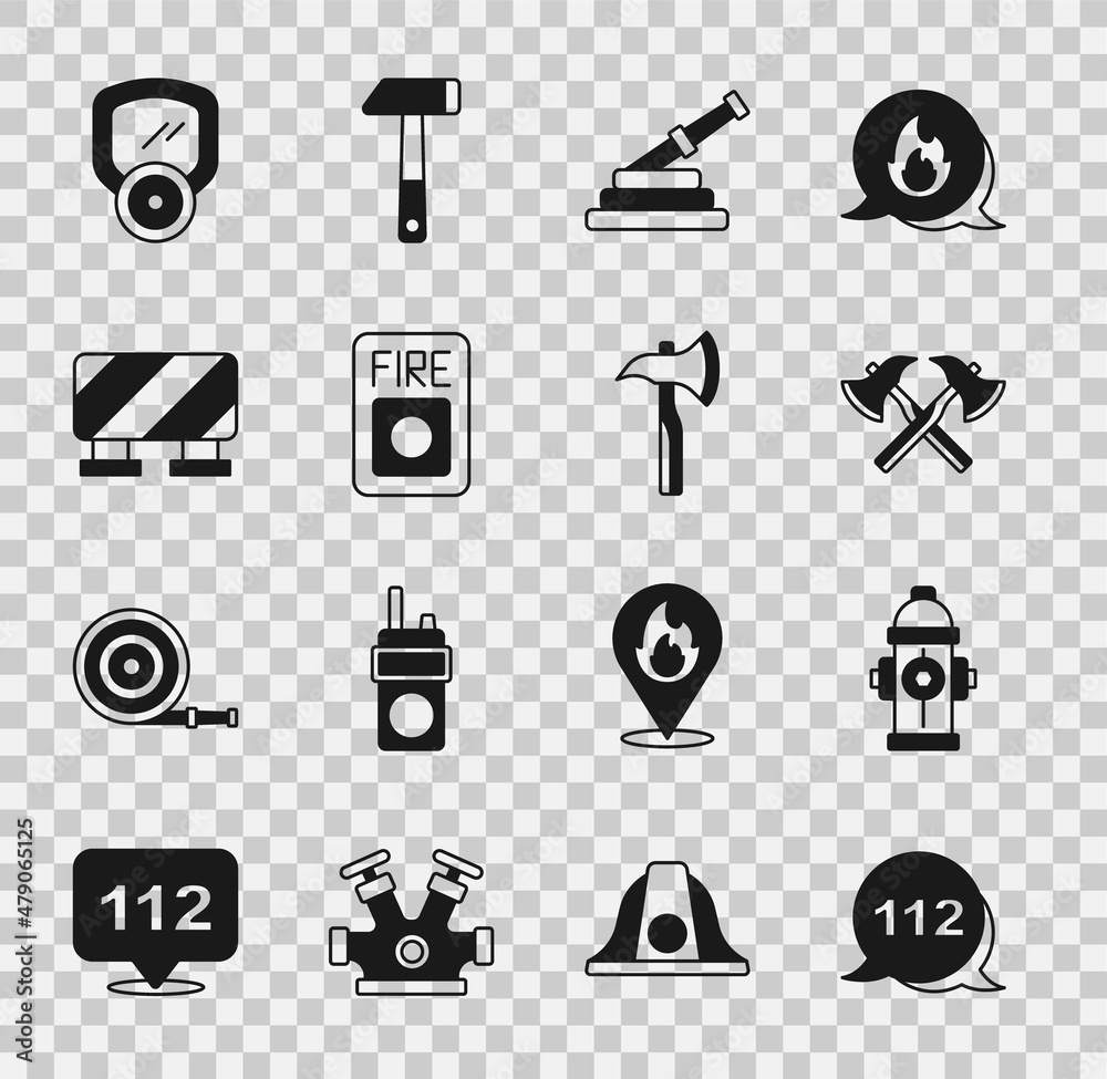 Fototapeta premium Set Emergency call, Fire hydrant, Firefighter axe, hose reel, alarm system, Road barrier, Gas mask and icon. Vector