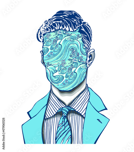 Hand drawn portrait of a strange handsome man with anonymous face with stormy sea waves. Head in modern and surreal tattoo art. Isolated vector illustration.