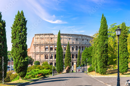The Colloseum in Rome, view from the Oppian Hill park, Italy Fototapet