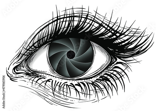 Isolated concept vector illustration of female eye with camera lens shutter blades pattern iris.