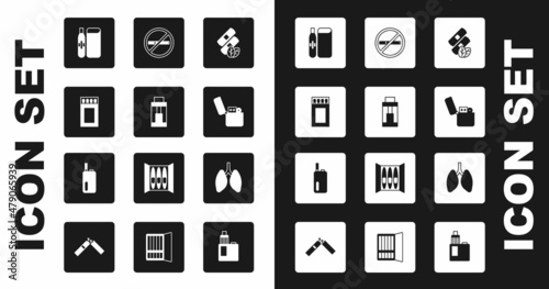 Set Medical nicotine patches, Vape mod device, Matchbox and matches, Electronic cigarette, Lighter, No smoking, Lungs and icon. Vector
