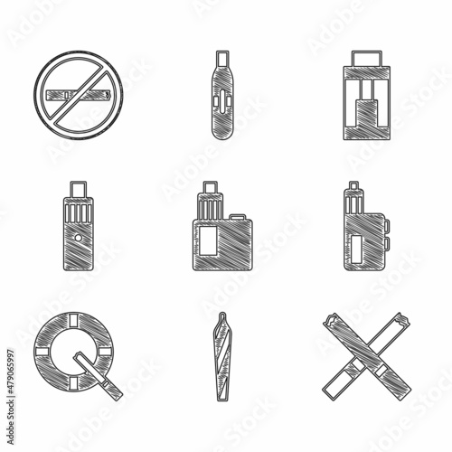 Set Vape mod device, Marijuana joint, spliff, Cigarette, Ashtray with cigarette, and No smoking icon. Vector