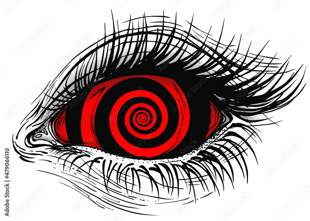Isolated vector illustration of realistic female eye with red alert spiral hypnotic iris.