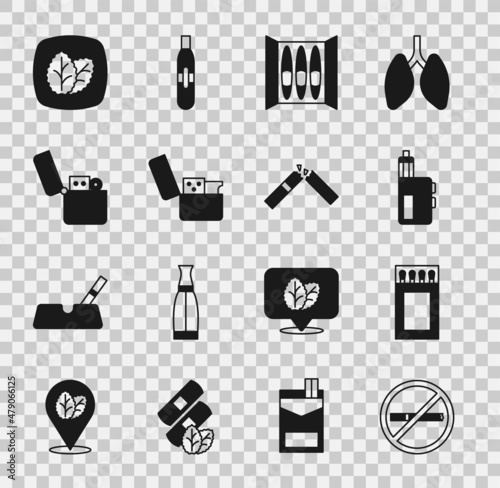 Set No smoking, Matchbox and matches, Vape mod device, Cigar, Lighter, Tobacco leaf and Broken cigarette icon. Vector