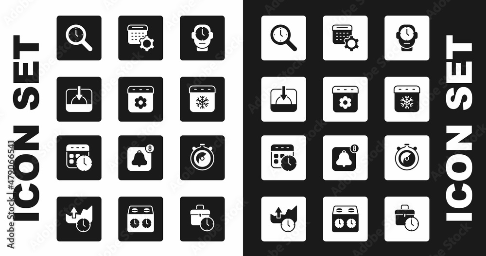 Set Clock, Calendar spring, Sunset, Magnifying glass with clock, winter, settings, Stopwatch and and icon. Vector Set Clock, Calendar spring, Sunset, Magnifying glass with clock, winter, settings, Stopwatch and and icon. Vector
