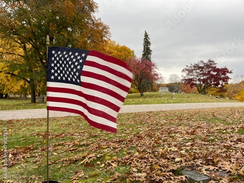 American flag in a cemetery grave