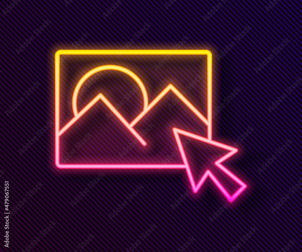 Glowing neon line Photo retouching icon isolated on black background. Photographer, photography, retouch icon. Vector
