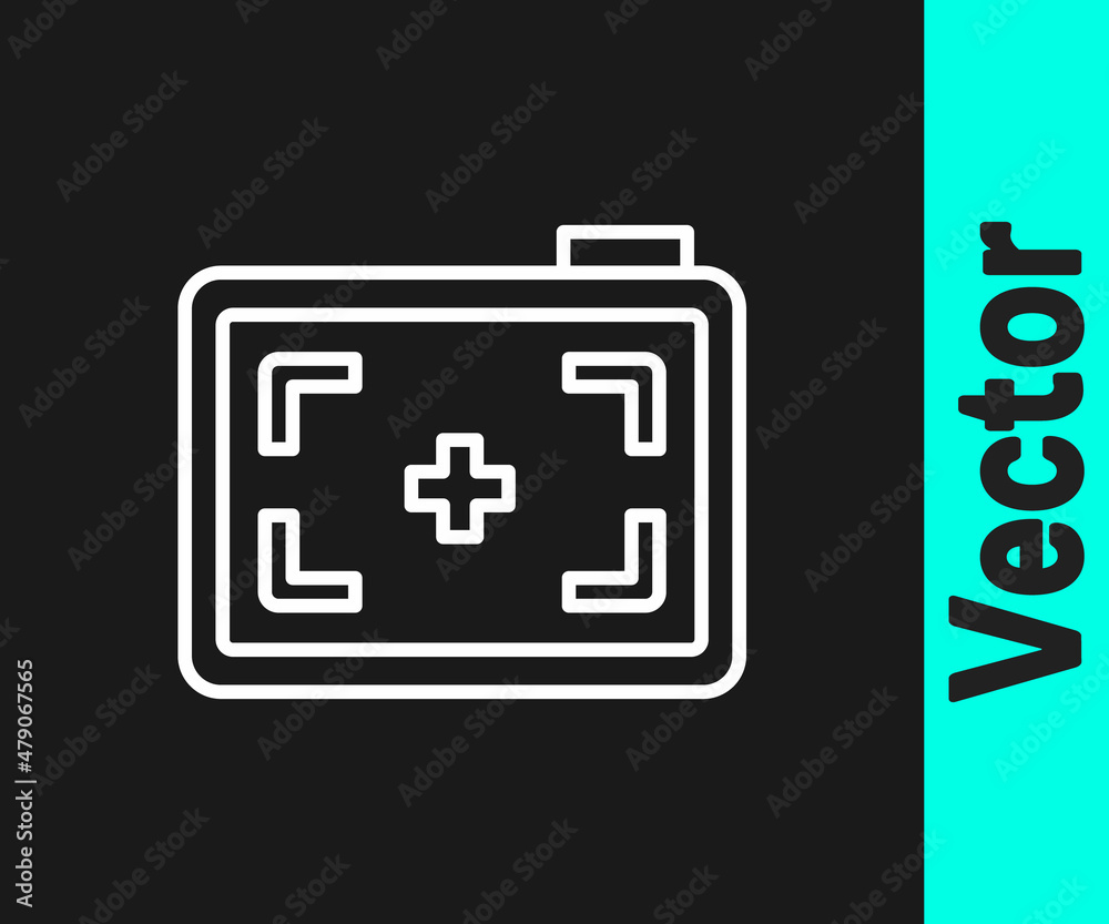 Fototapeta premium White line Photo camera icon isolated on black background. Foto camera. Digital photography. Vector