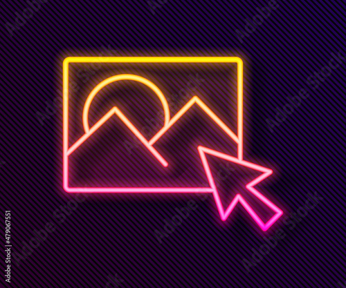 Glowing neon line Photo retouching icon isolated on black background. Photographer, photography, retouch icon. Vector