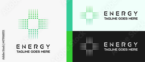 energy logo design template with plus or cross sign shape box element, premium vector