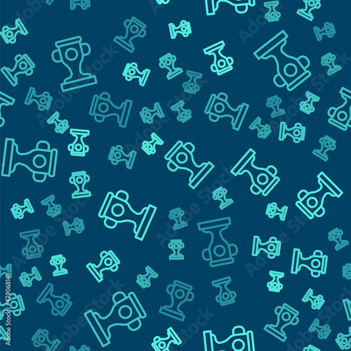 Green line Award cup icon isolated seamless pattern on blue background. Winner trophy symbol. Championship or competition trophy. Sports achievement sign. Vector