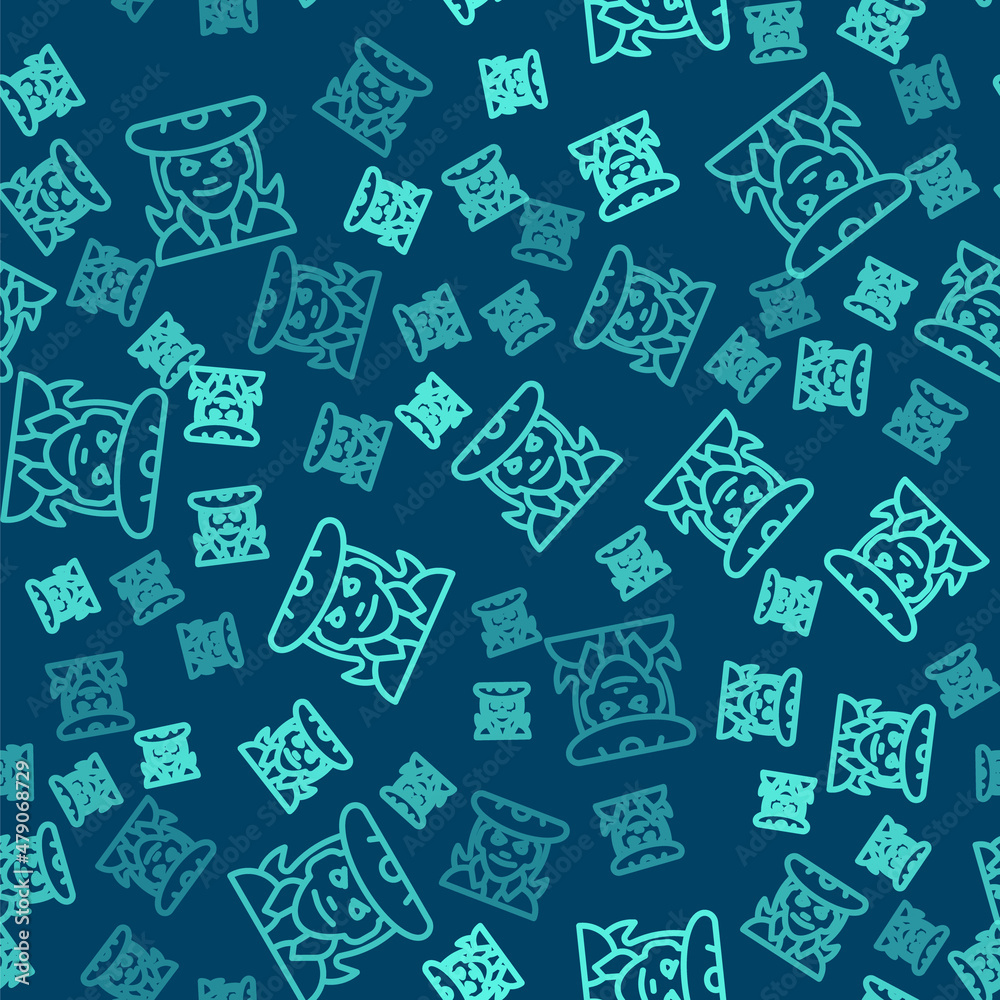 Green line Witch icon isolated seamless pattern on blue background. Happy Halloween party. Vector Green line Witch icon isolated seamless pattern on blue background. Happy Halloween party. Vector