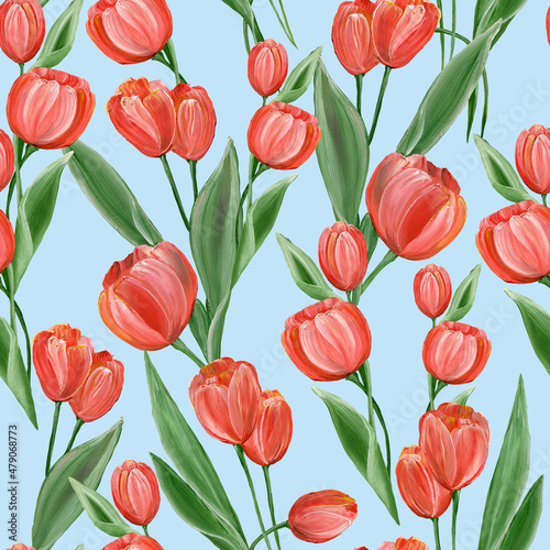 Seamless pattern with red tulips with green leaves  abstractly arranged on a light blue background. Bright floral pattern. Watercolor illustration. For textiles  packaging  postcards.