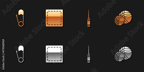 Set Safety pin, Sewing Pattern, Awl tool and Yarn ball icon. Vector